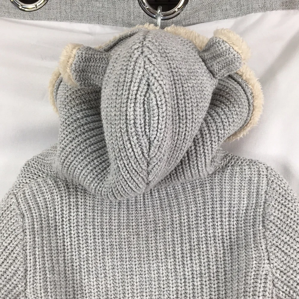 GAP Sherpa Gray Knit Sweater Animal Ears Hoodie Size 12-18M Great Condition